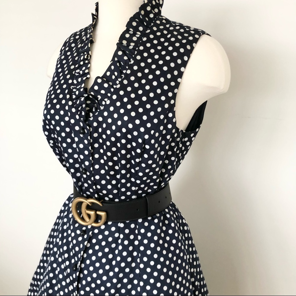Navy Blue White Polka Dot V-Neck Ruffle Dress - Picture 4 of 9